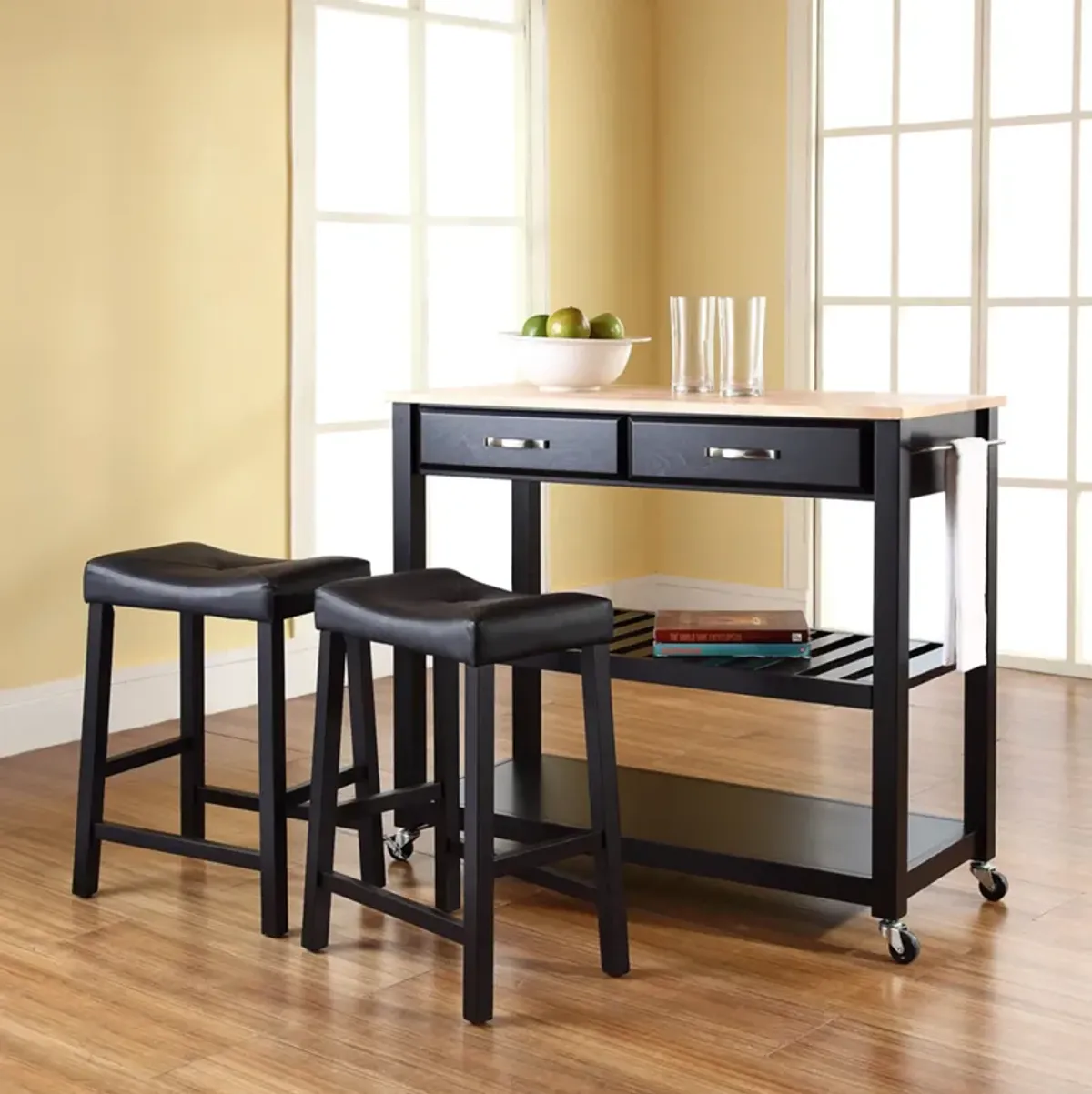 Elias Kitchen Cart and Set of 2 Stools - Black/Wood Top