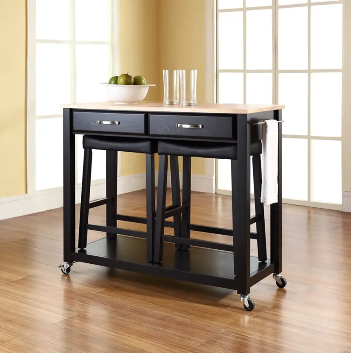 Elias Kitchen Cart and Set of 2 Stools - Black/Wood Top