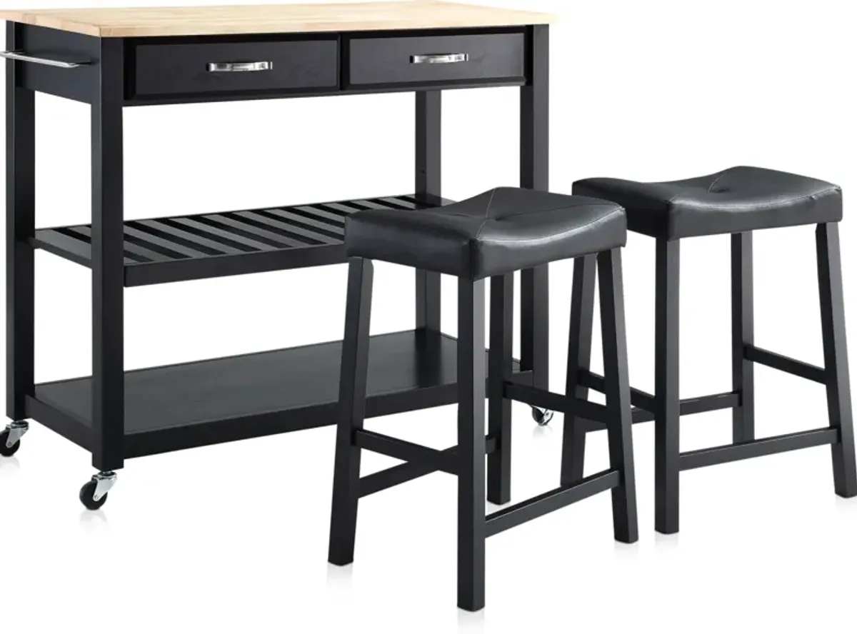 Elias Kitchen Cart and Set of 2 Stools - Black/Wood Top