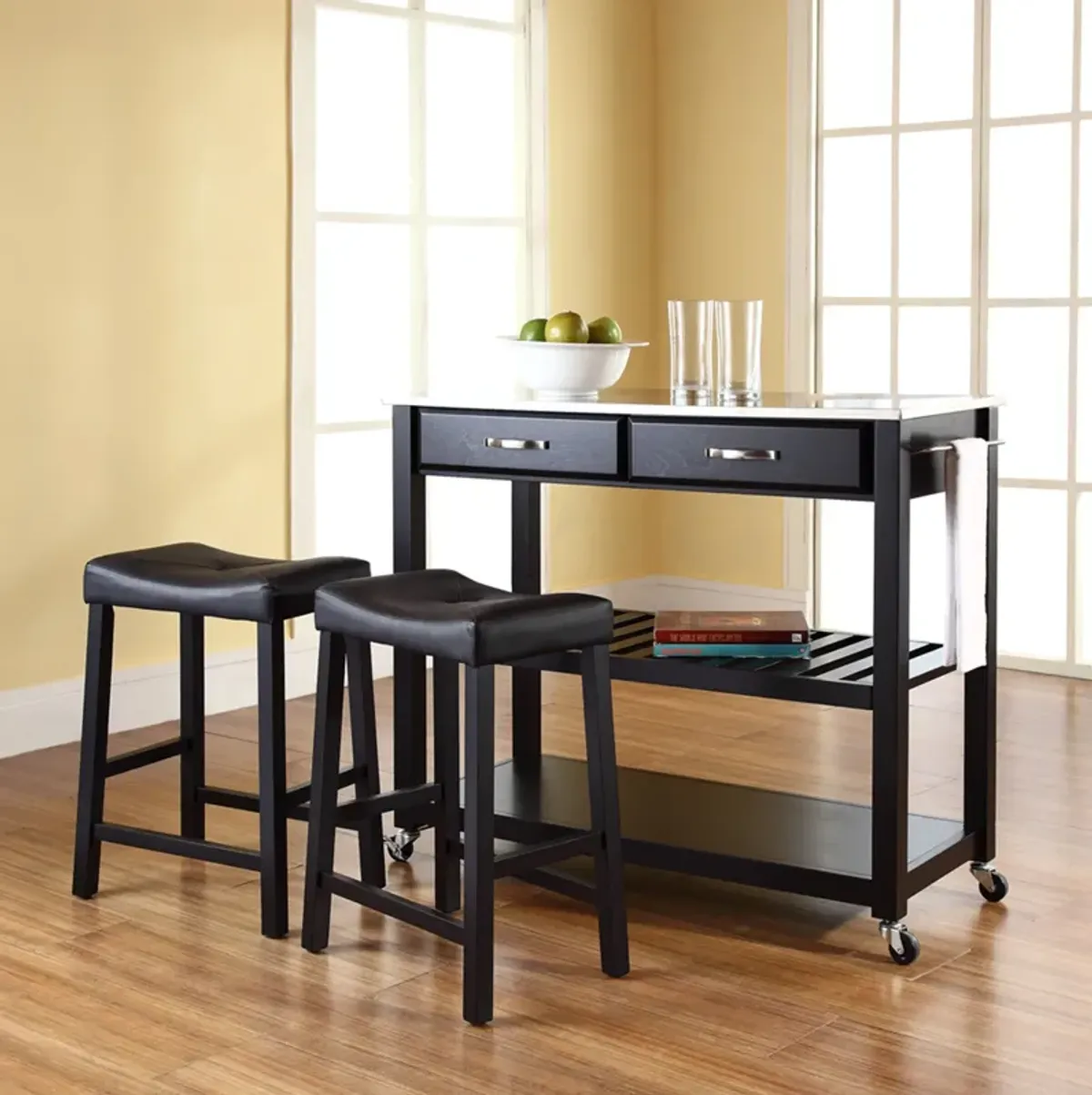 Elias Kitchen Cart and Set of 2 Stools - Black/Marble Top