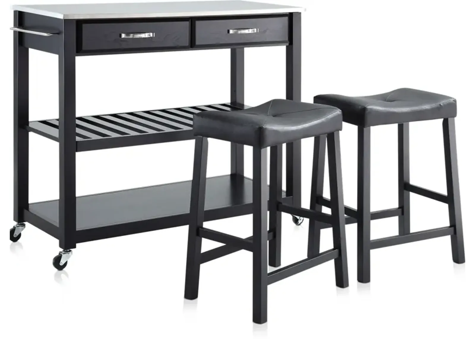 Elias Kitchen Cart and Set of 2 Stools - Black/Marble Top