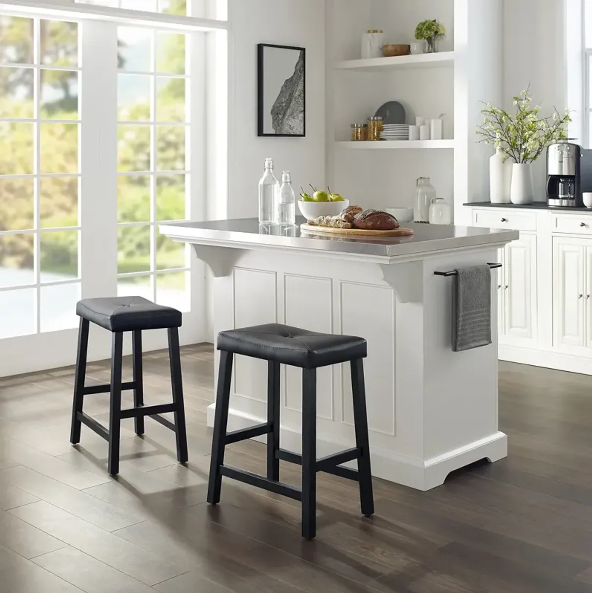 Wells Kitchen Island and Set of 2 Stools - White/Stainless Steel Top