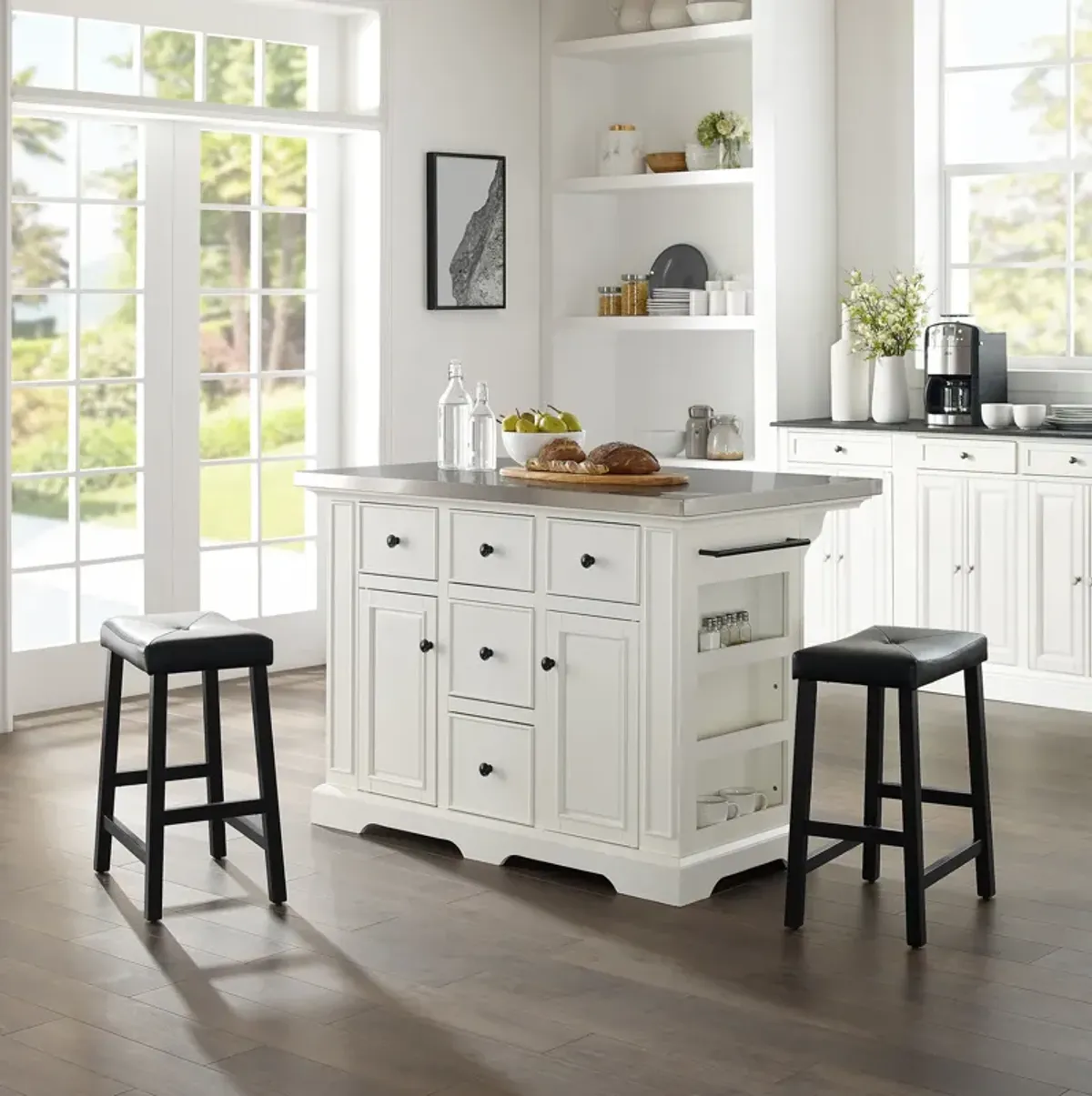 Wells Kitchen Island and Set of 2 Stools - White/Stainless Steel Top