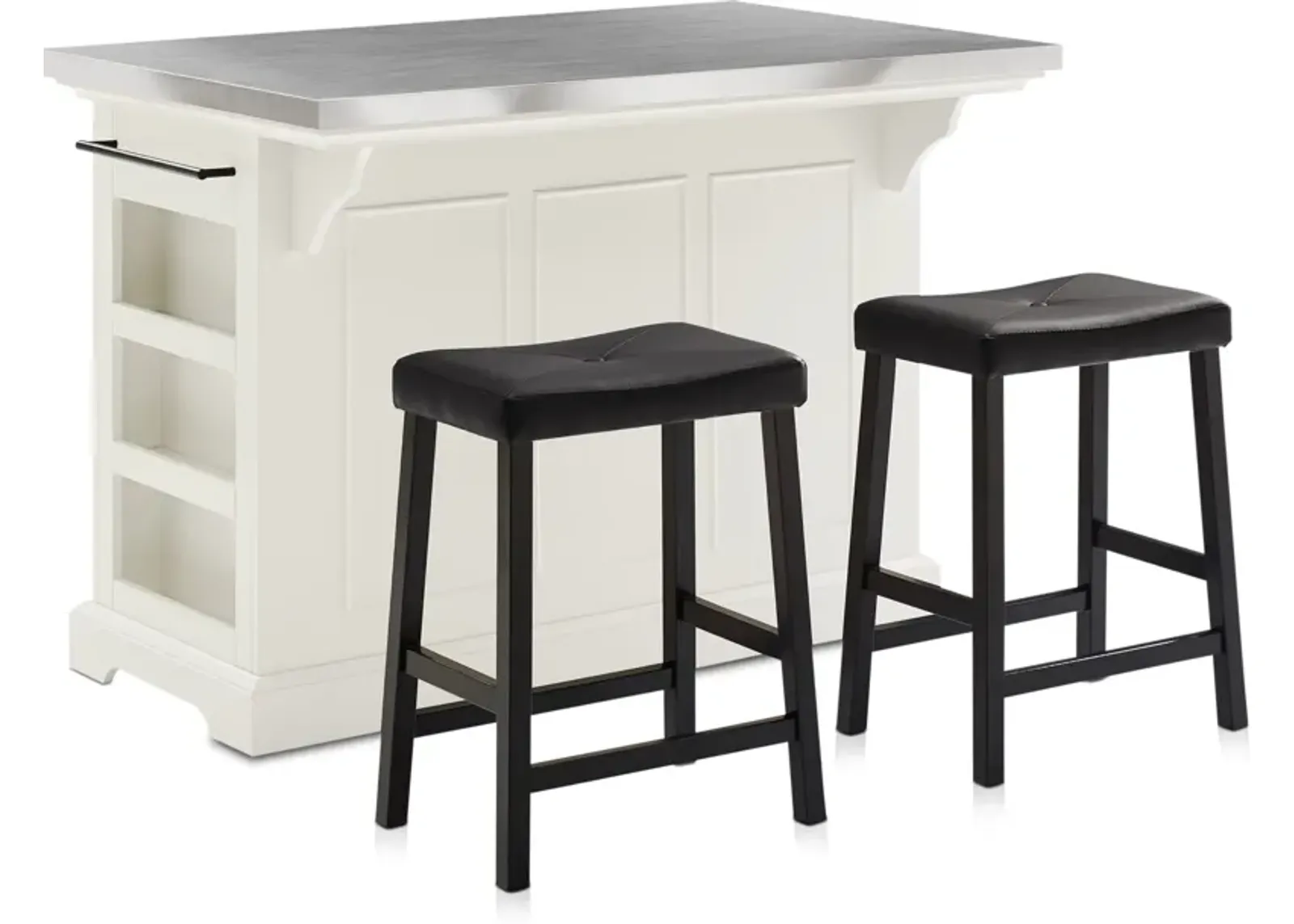 Wells Kitchen Island and Set of 2 Stools - White/Stainless Steel Top