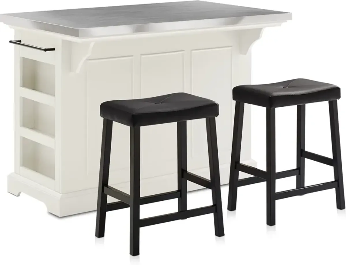 Wells Kitchen Island and Set of 2 Stools - White/Stainless Steel Top