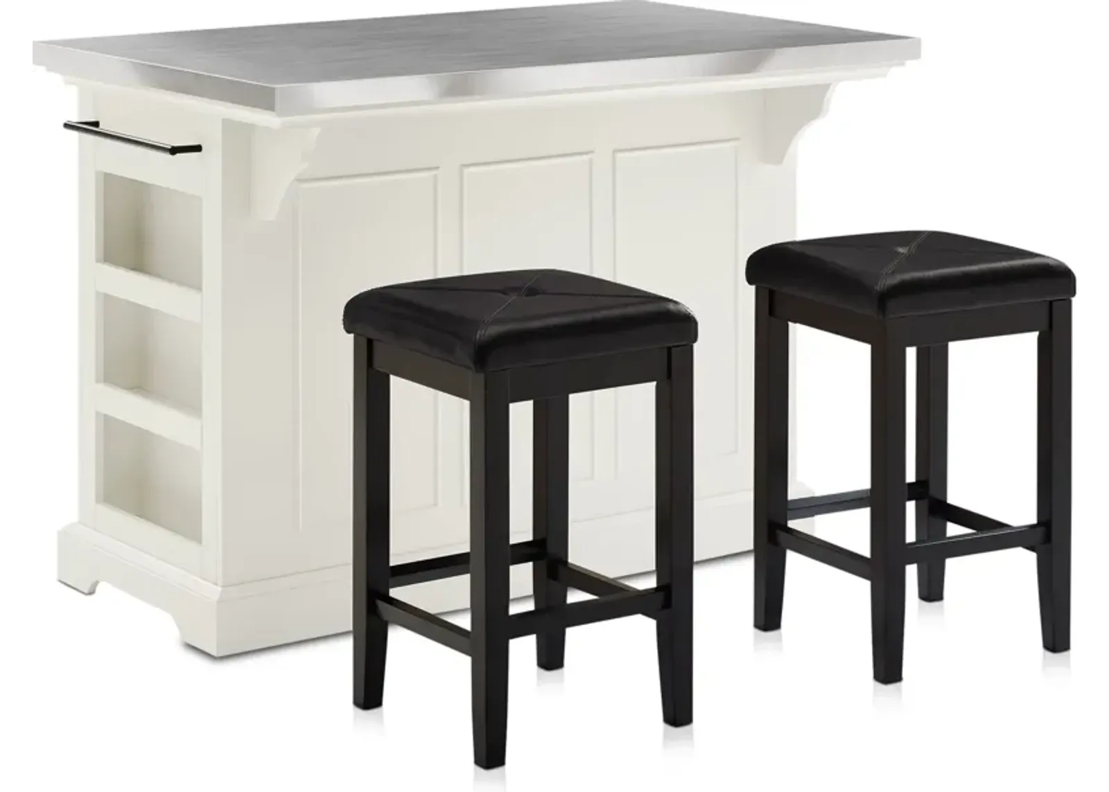 Wells Kitchen Island and Set of 2 Square Stools - White/Stainless Steel Top