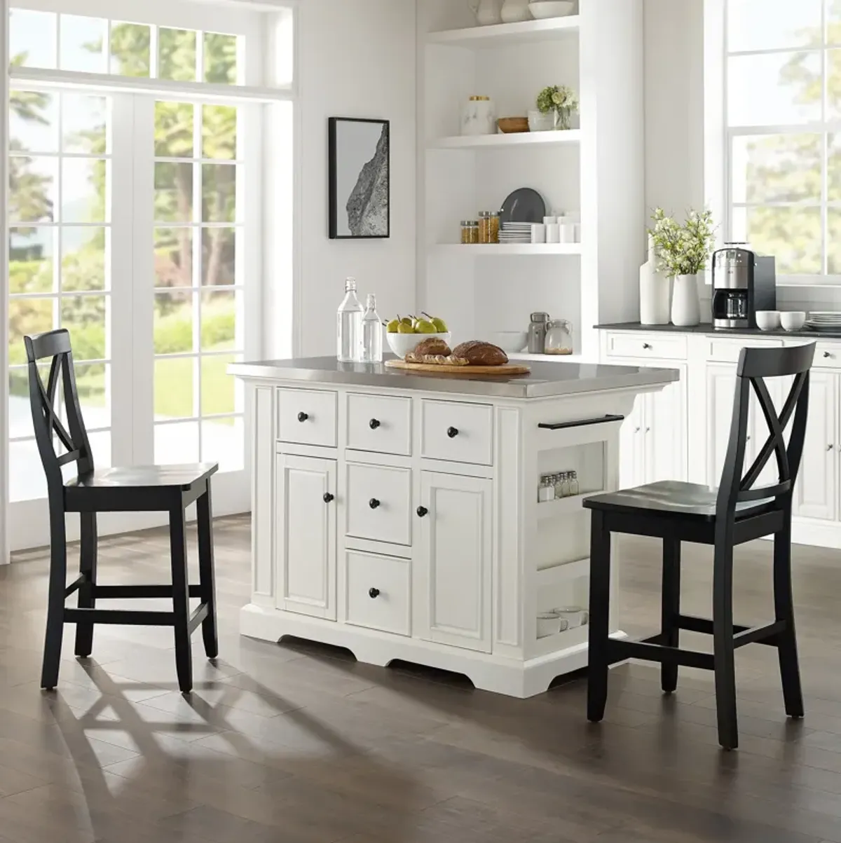 Wells Kitchen Island and Set of 2 X-Back Stools - White/Stainless Steel Top