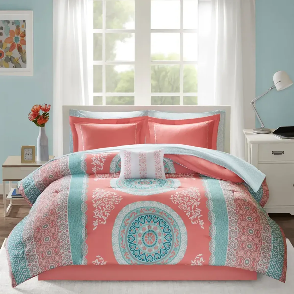 Carise Queen Comforter and Sheet Set - Coral