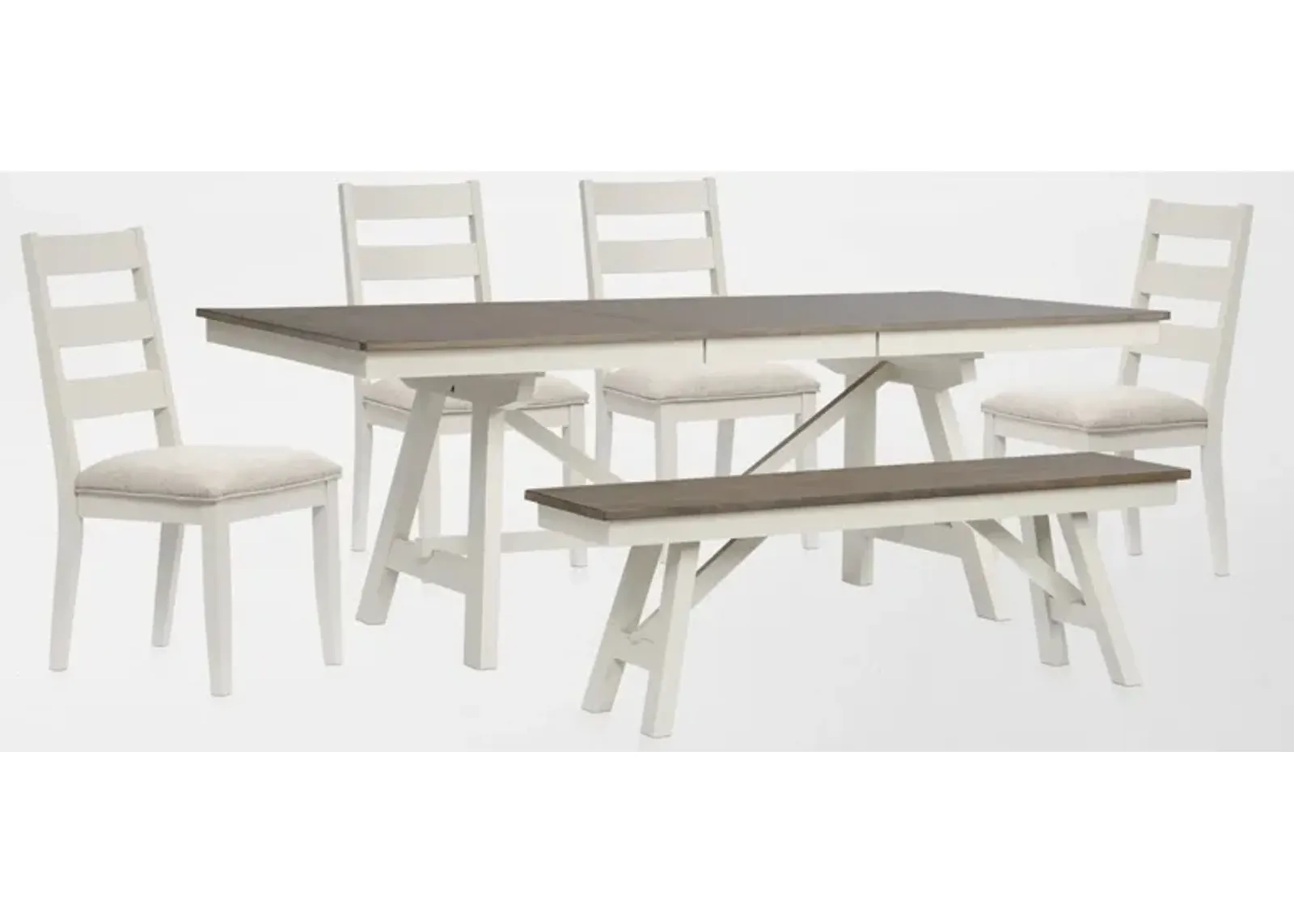 Maxwell Trestle Extendable Dining Table, 4 Upholstered Chairs and Bench - Gray