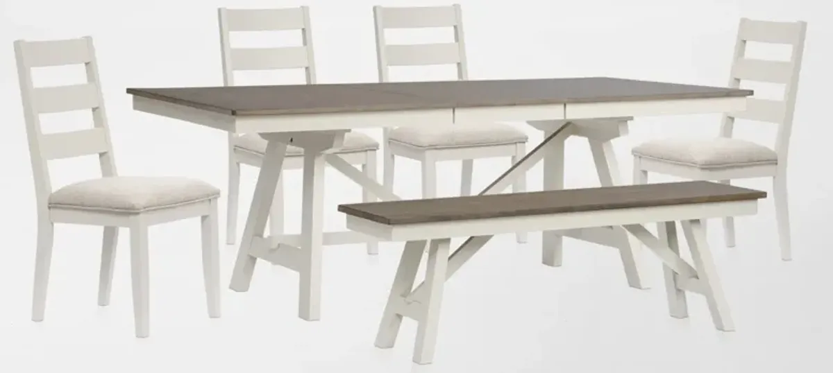 Maxwell Solid Wood Trestle Extendable Dining Table, 4 Upholstered Chairs and Bench - Gray
