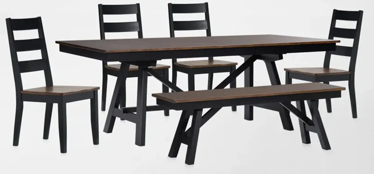 Maxwell Solid Wood Trestle Extendable Dining Table, 4 Chairs and Bench - Black