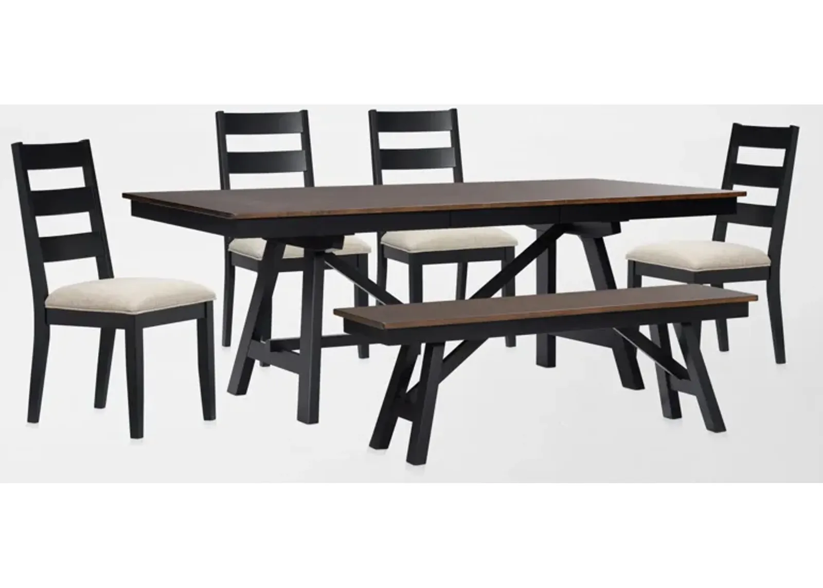 Maxwell Trestle Extendable Dining Table, 4 Upholstered Chairs and Bench - Black