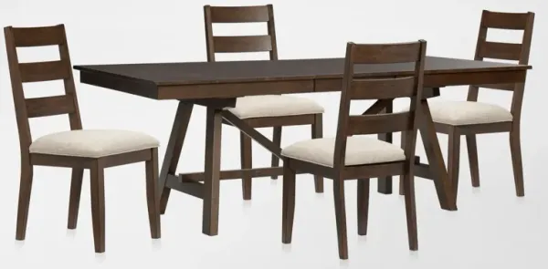 Maxwell Solid Wood Trestle Extendable Dining Table and 4 Upholstered Chairs - Hickory