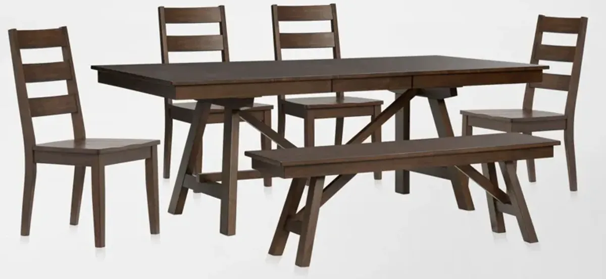Maxwell Solid Wood Trestle Extendable Dining Table, 4 Chairs and Bench - Hickory