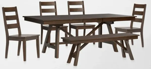 Maxwell Solid Wood Trestle Extendable Dining Table, 4 Chairs and Bench - Hickory