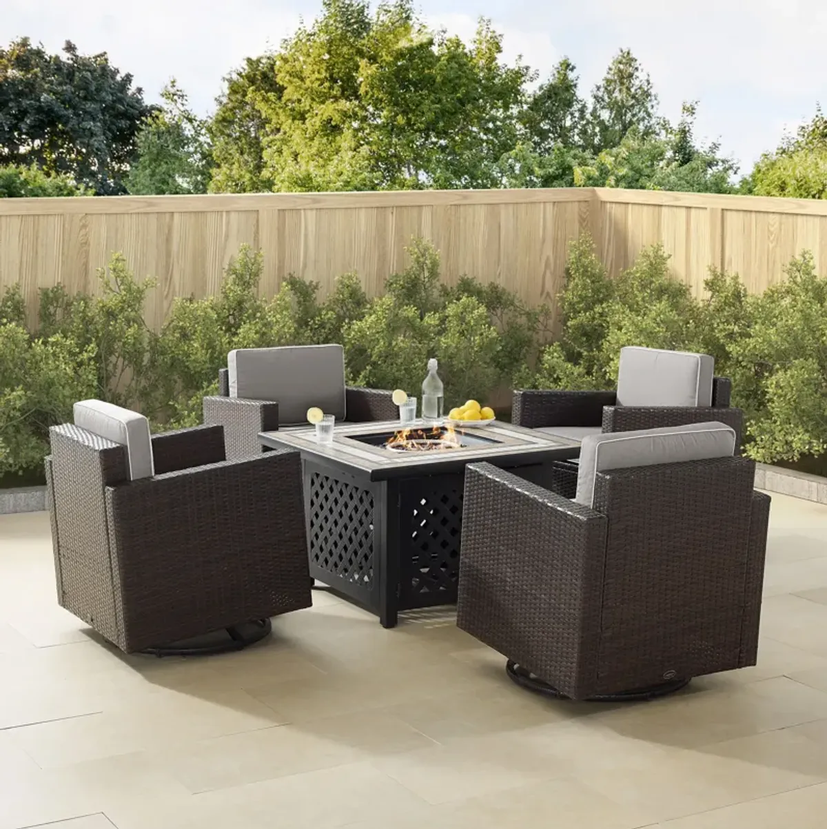 Aldo Set of 4 Outdoor Swivel Chairs and Fire Table Set - Gray