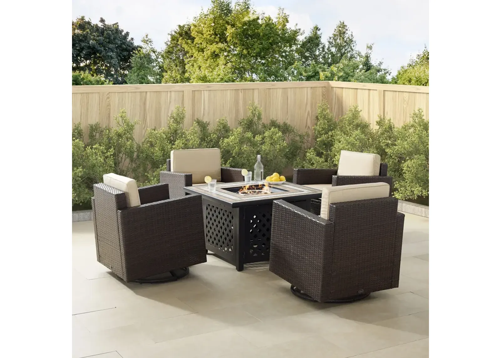 Aldo Set of 4 Outdoor Swivel Chairs and Fire Table Set - Sand