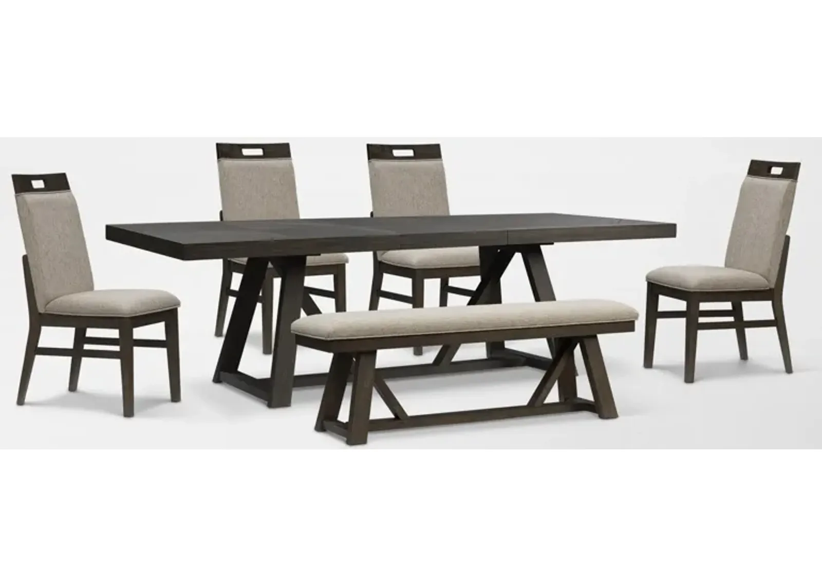 Edison Extendable Dining Table, 4 Upholstered Chairs and Bench