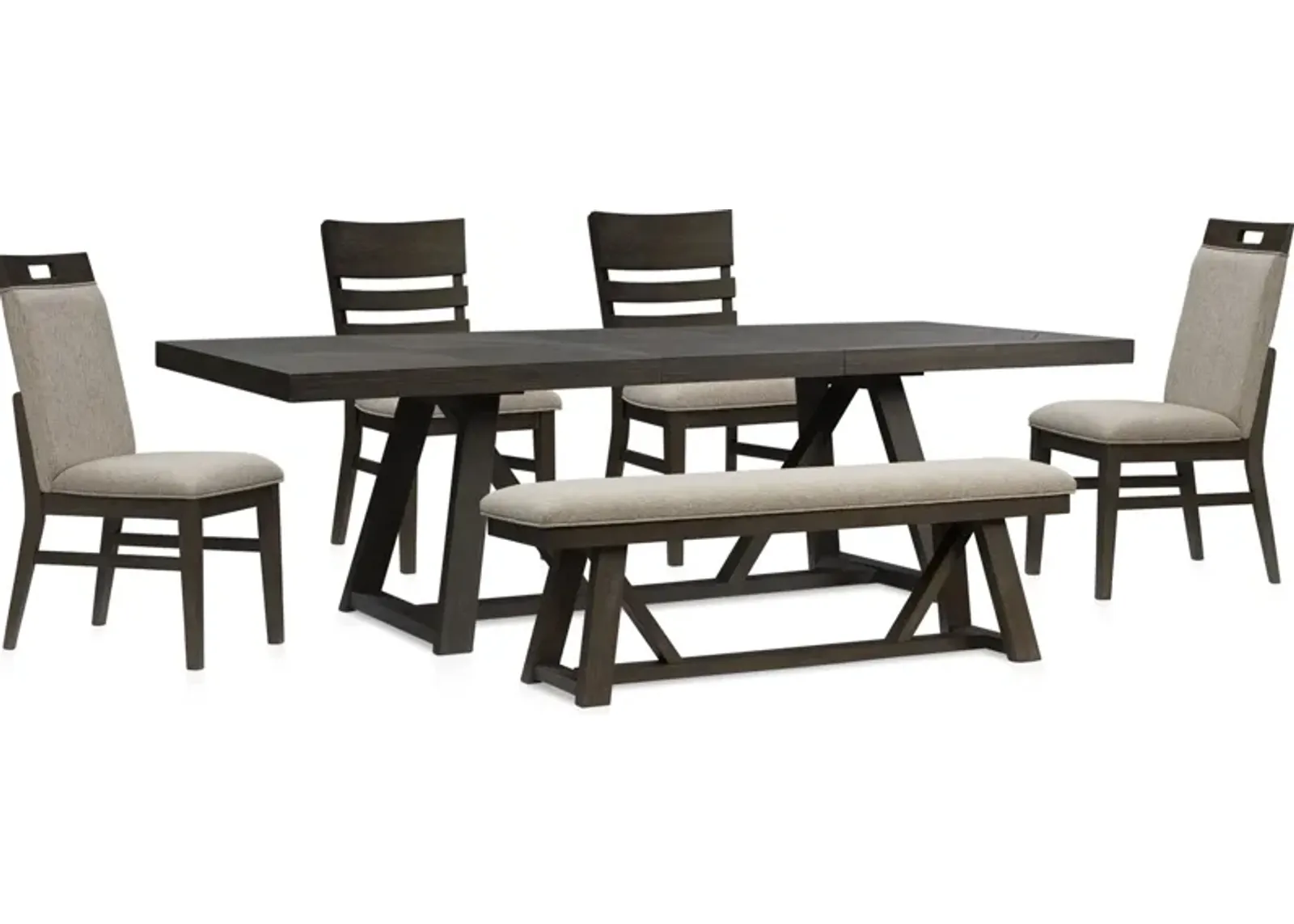 Edison Extendable Dining Table, 2 Upholstered Chairs, 2 Dining Chairs and Bench