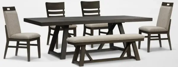 Edison Extendable Dining Table, 2 Upholstered Chairs, 2 Dining Chairs and Bench