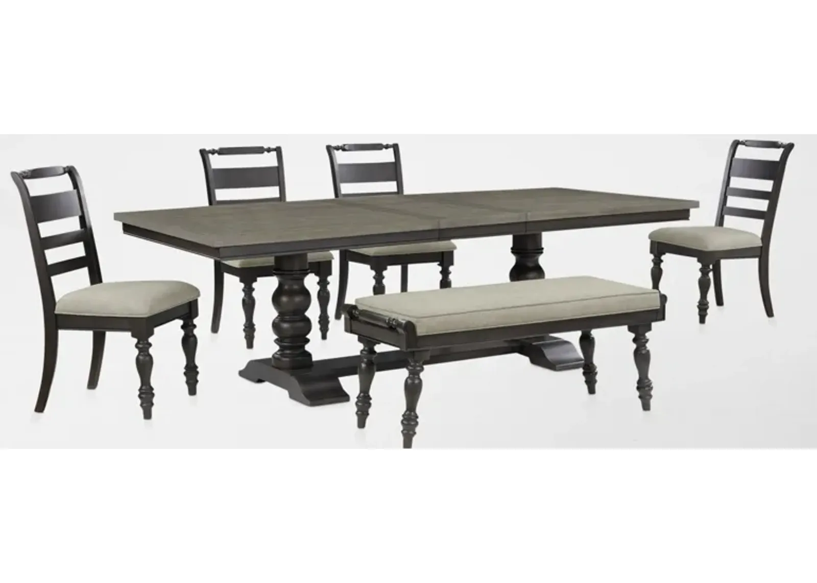 Vineyard Rectangular Extendable Dining Table, 4 Dining Chairs and Bench - Black