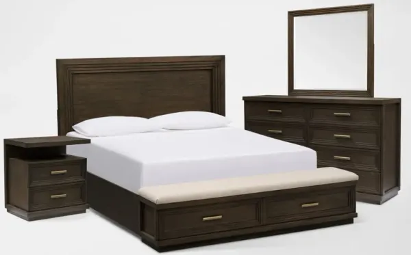 Arielle 6-Piece Queen Bedroom Set with Storage Bed, Nightstand with USB Charging, Dresser and Mirror