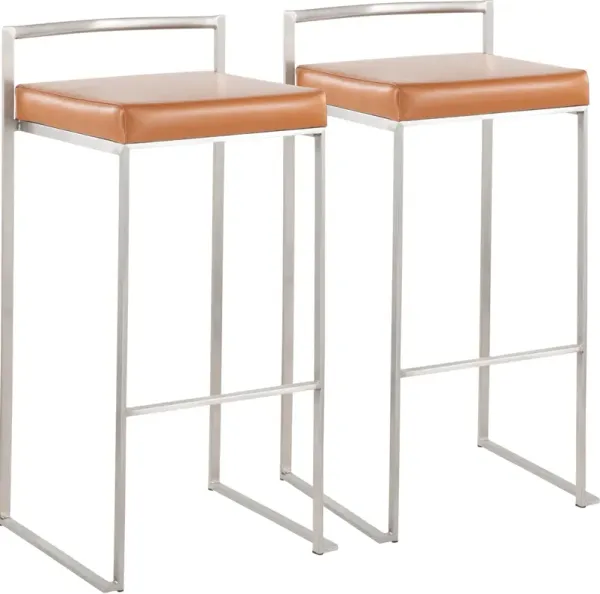 Reine Set of 2 Vegan Leather Bar Stools - Stainless Steel/Camel