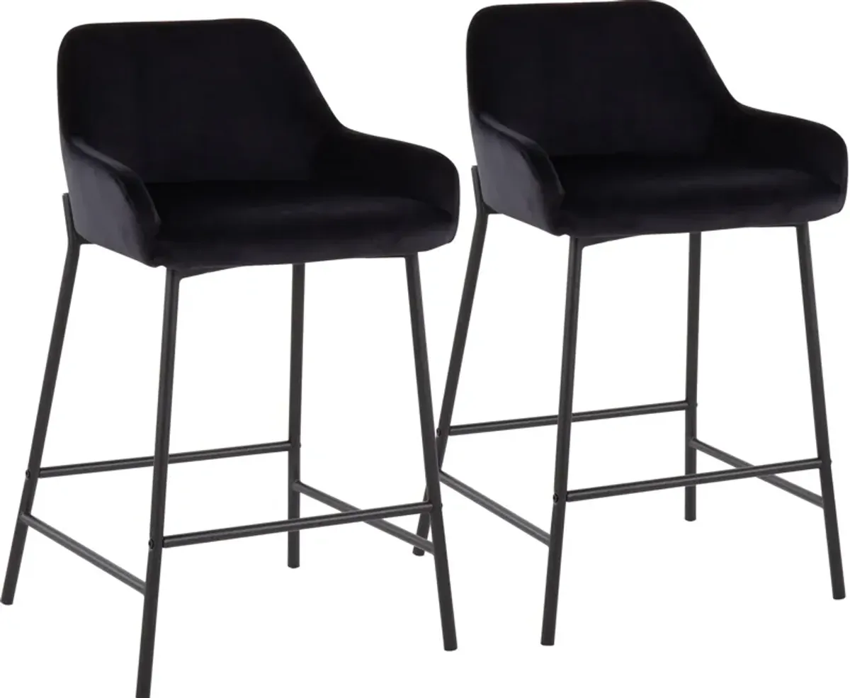 Prague Set of 2 Velvet Counter-Height Stools - Black/Black