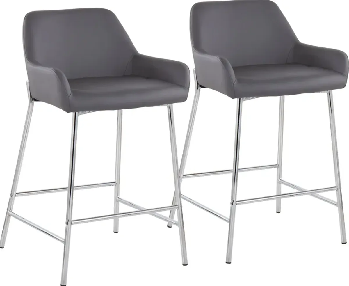 Prague Set of 2 Vegan Leather Counter-Height Stools - Chrome/Gray