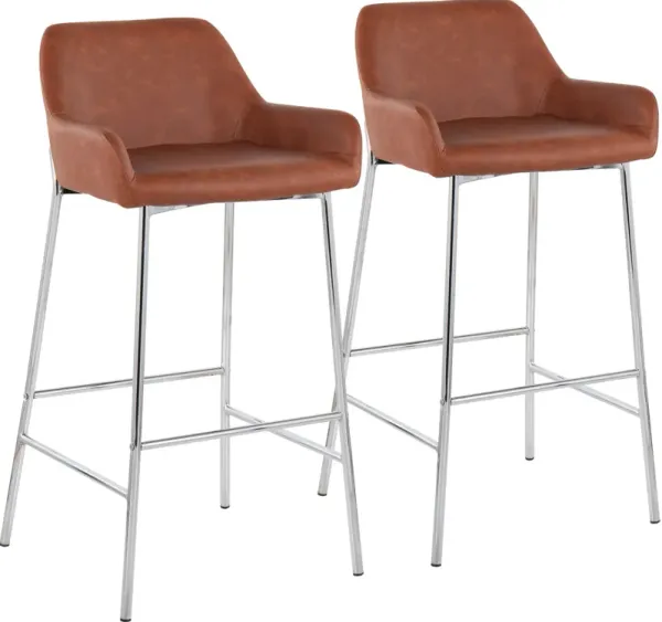 Prague Set of 2 Vegan Leather Bar Stools - Chrome/Camel