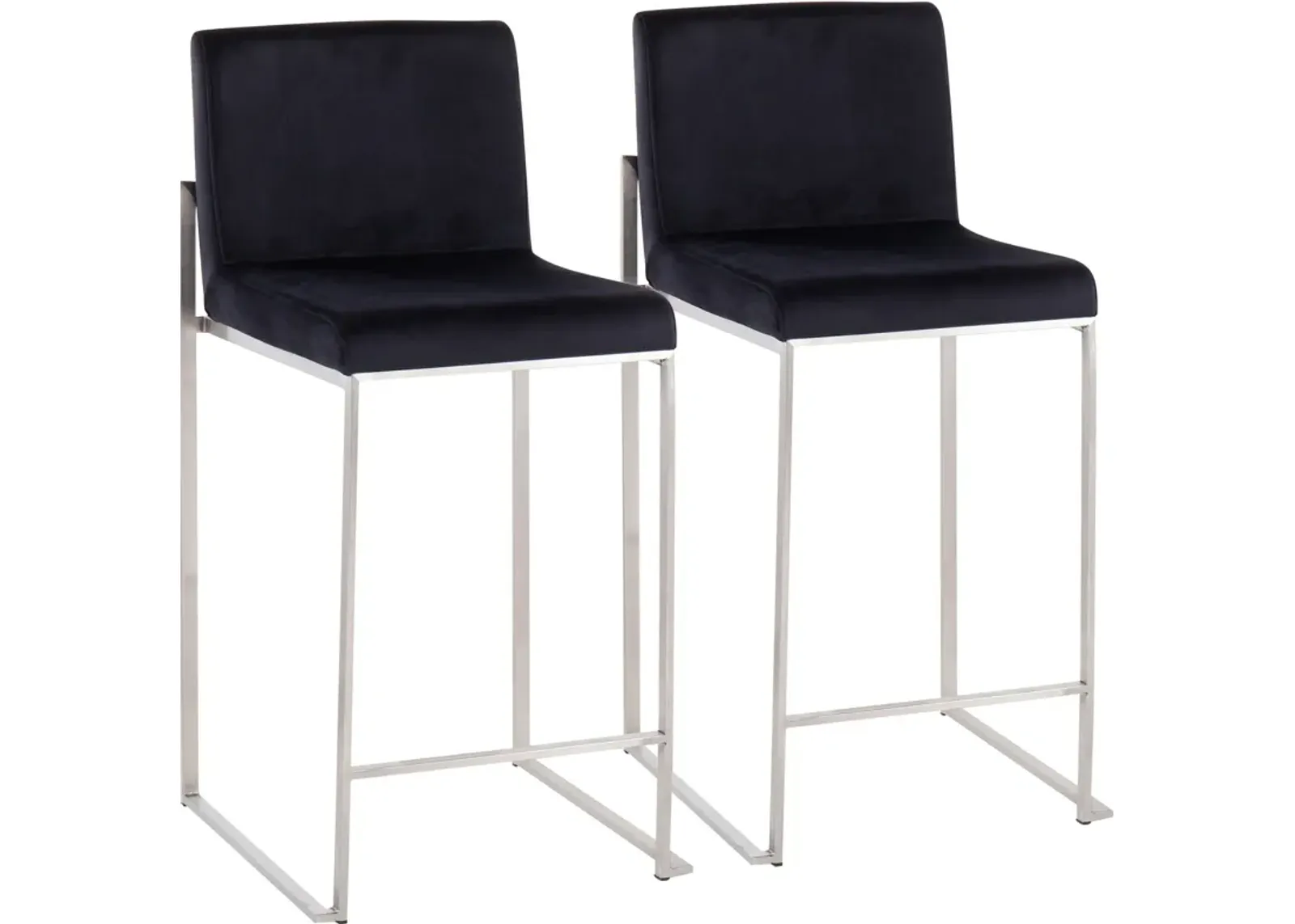 Reine Set of 2 Velvet Counter-Height Stools - Stainless Steel/Black