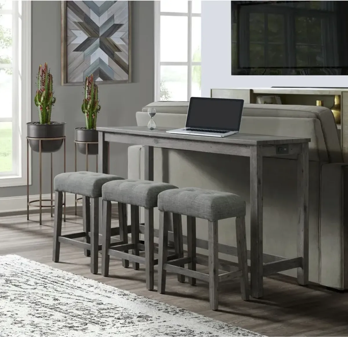 Mirabelle Bar-Height Dining Table with USB Charging and 3 Stools - Charcoal