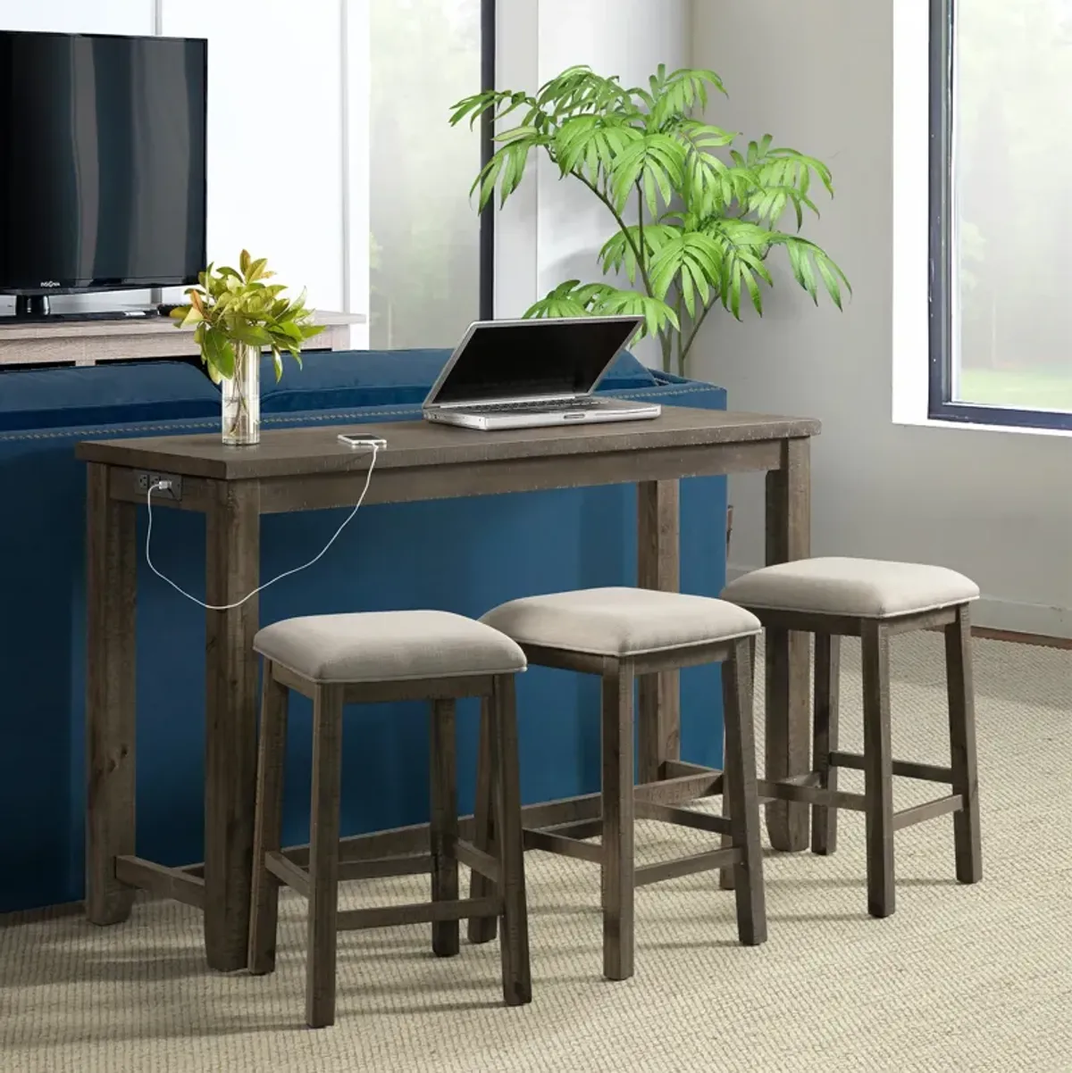 Damaris Bar-Height Dining Set with Table with USB Charging and 3 Stools - Gray