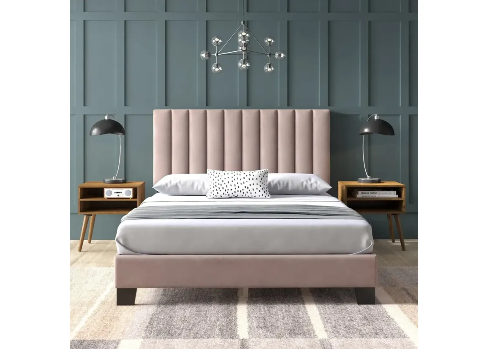 Joline Bed and 2 Nightstands - Blush