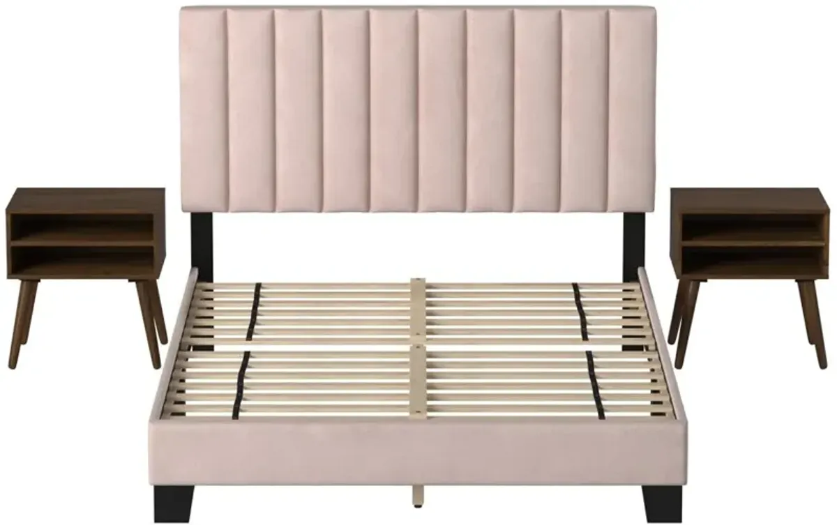 Joline Bed and 2 Nightstands - Blush