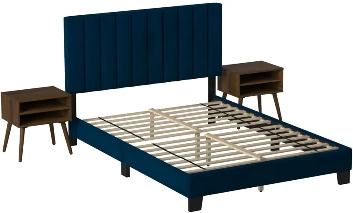 Joline Bed and 2 Nightstands - Navy