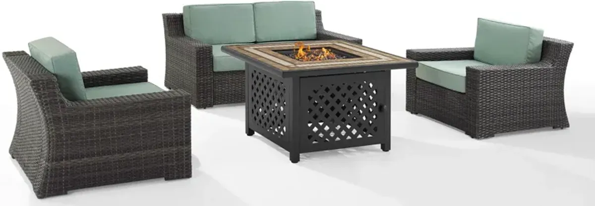 Tethys Outdoor Loveseat, 2 Chairs, and Fire Table Set - Mist