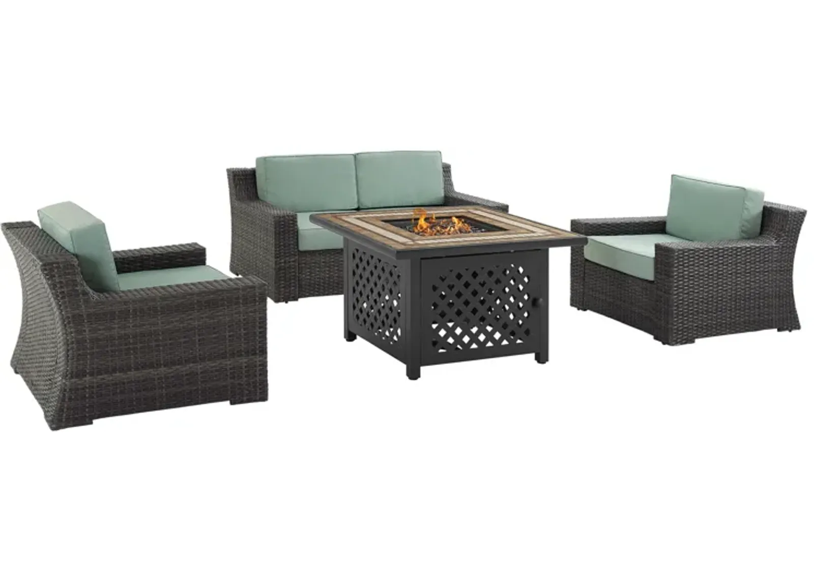 Tethys Outdoor Loveseat, 2 Chairs, and Fire Table Set - Mist