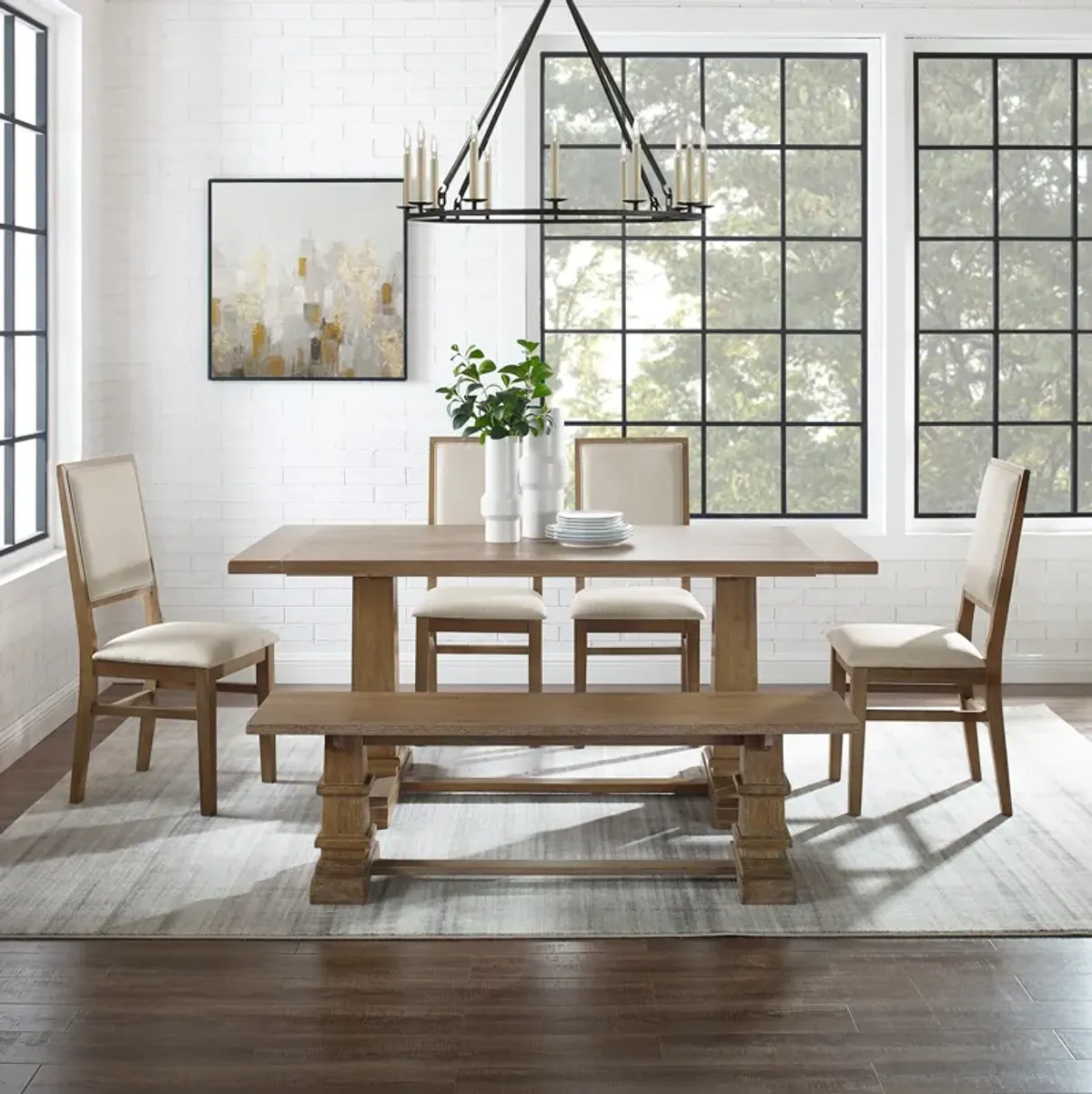 Ridgeline Dining Table, 4 Upholstered Chairs and Bench