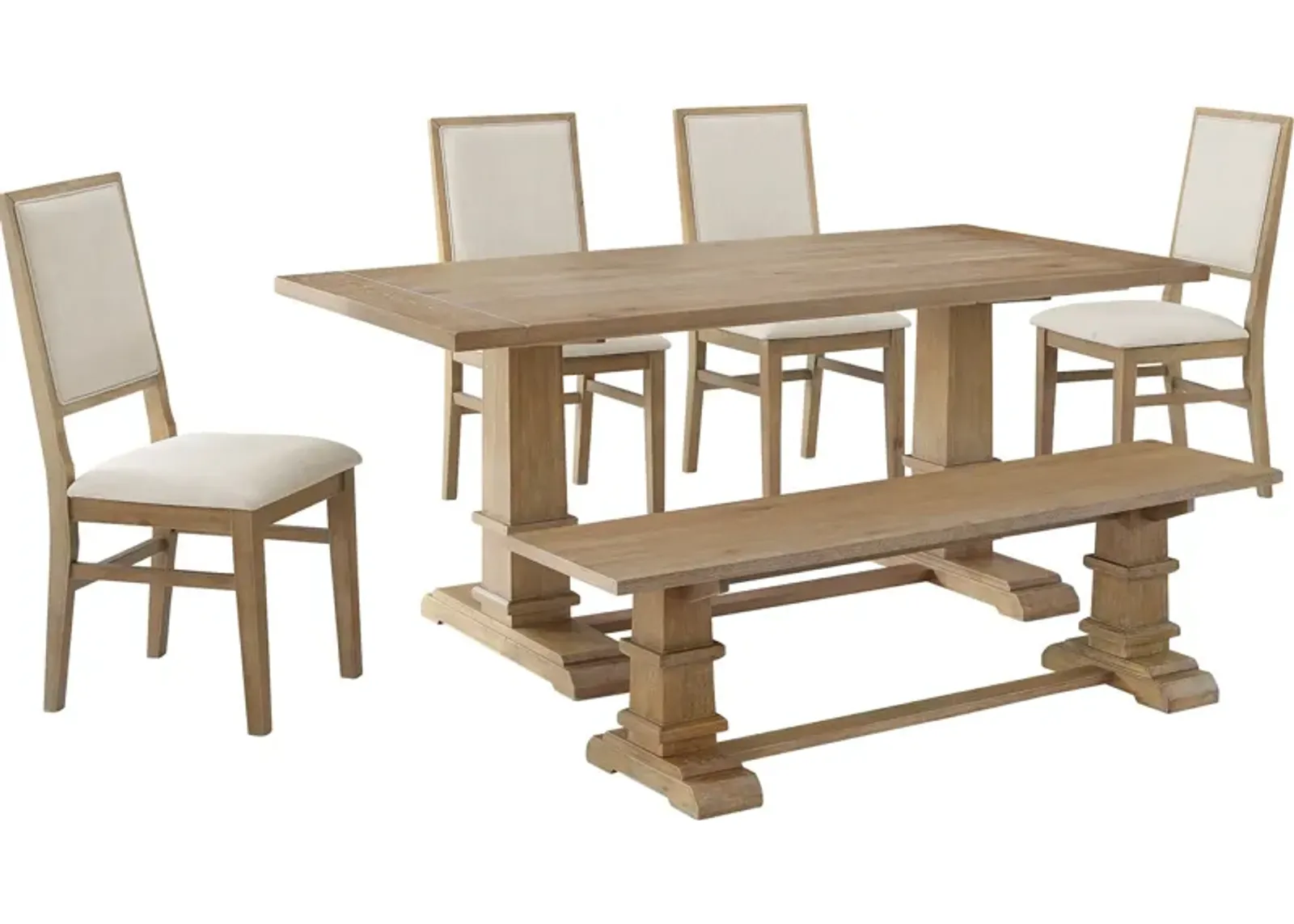 Ridgeline Dining Table, 4 Upholstered Chairs and Bench