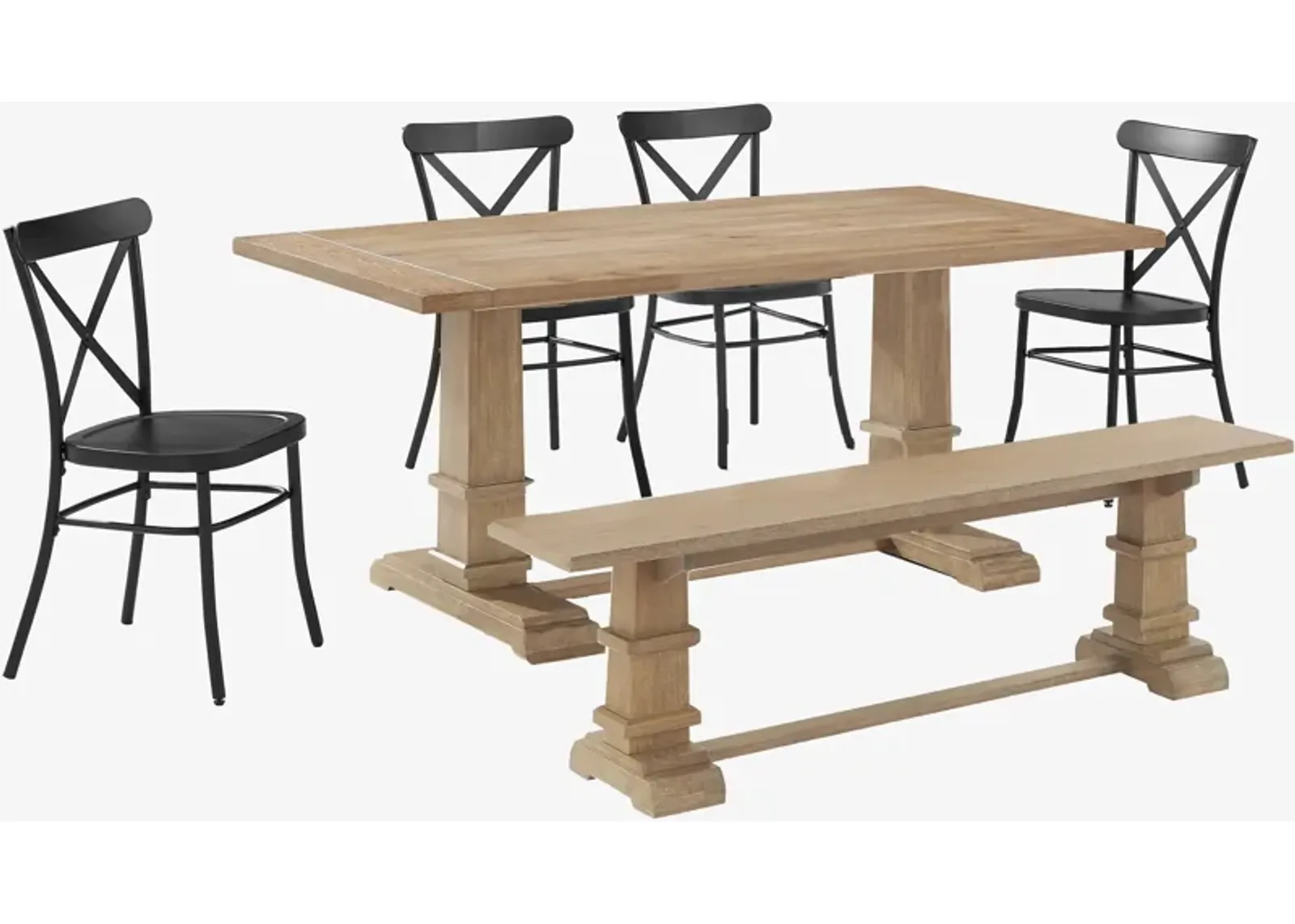 Ridgeline Dining Table, 4 Lex Dining Chairs and Bench