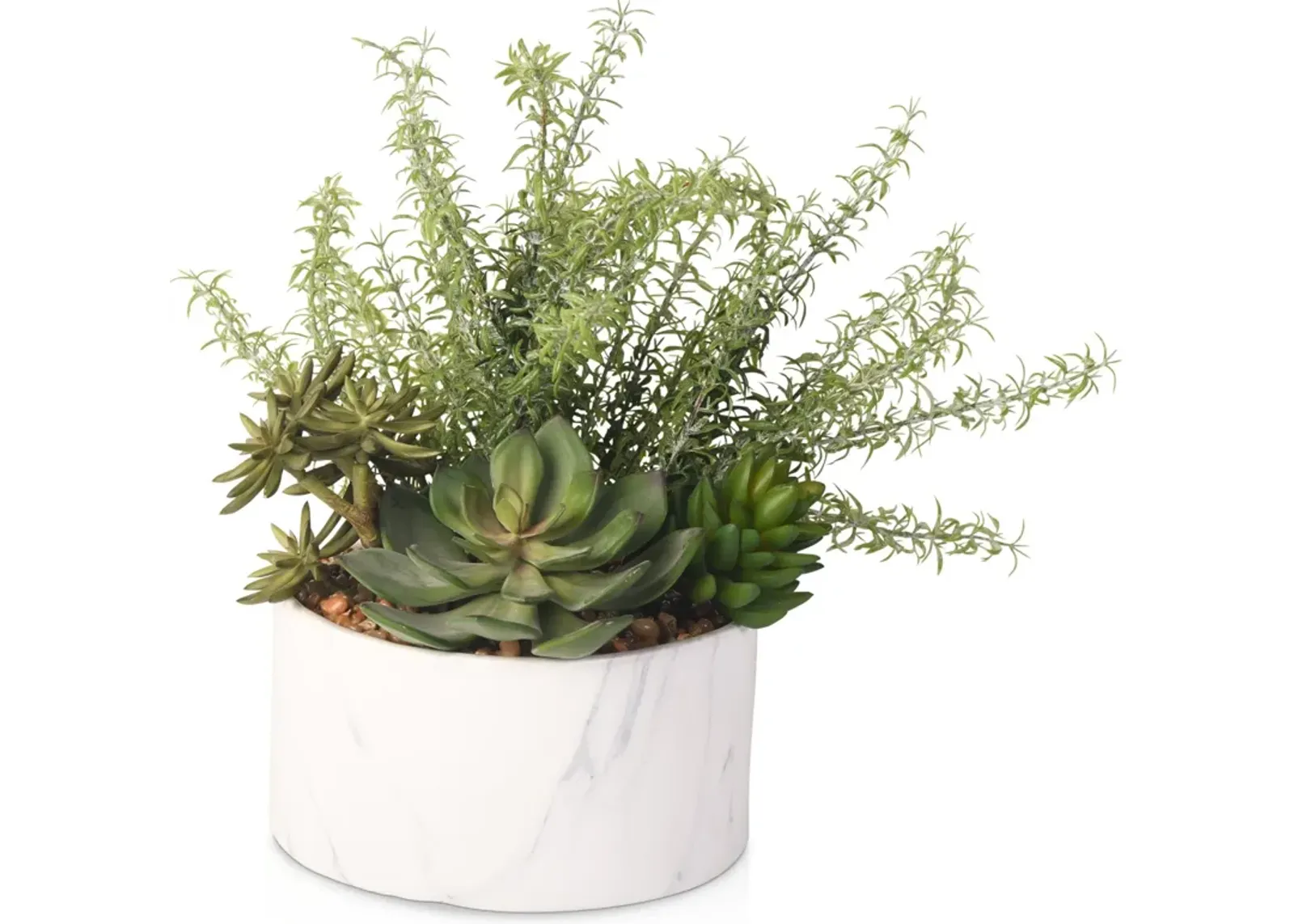 Faux Mixed Succulents and Rosemary Plant in Ceramic Vase - White