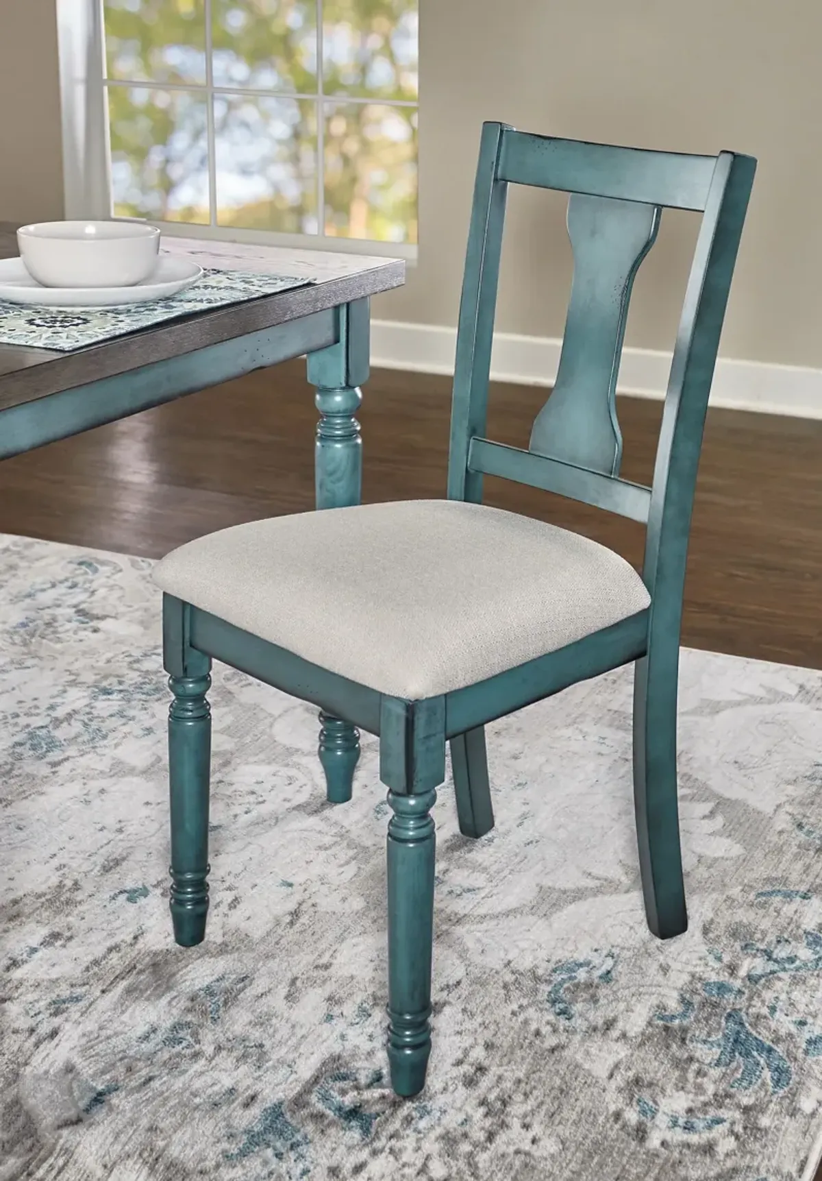 Clayes Dining Table, 4 Chairs and Bench - Teal