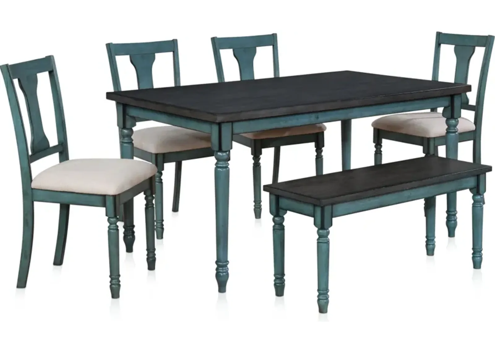 Clayes Dining Table, 4 Chairs and Bench - Teal