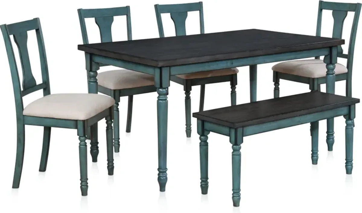 Clayes Dining Table, 4 Chairs and Bench - Teal