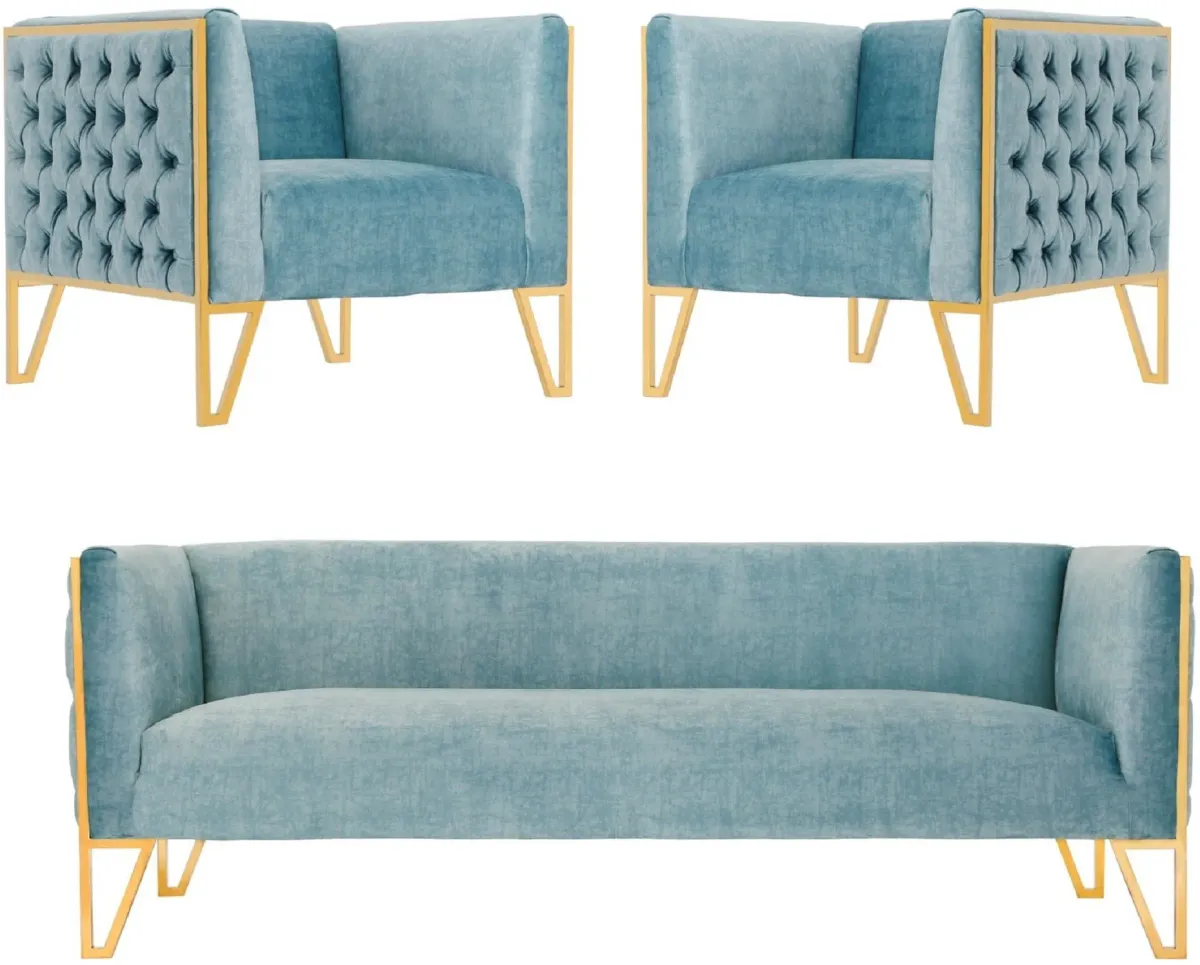 Knightley Sofa and 2 Accent Chairs - Blue/Gold