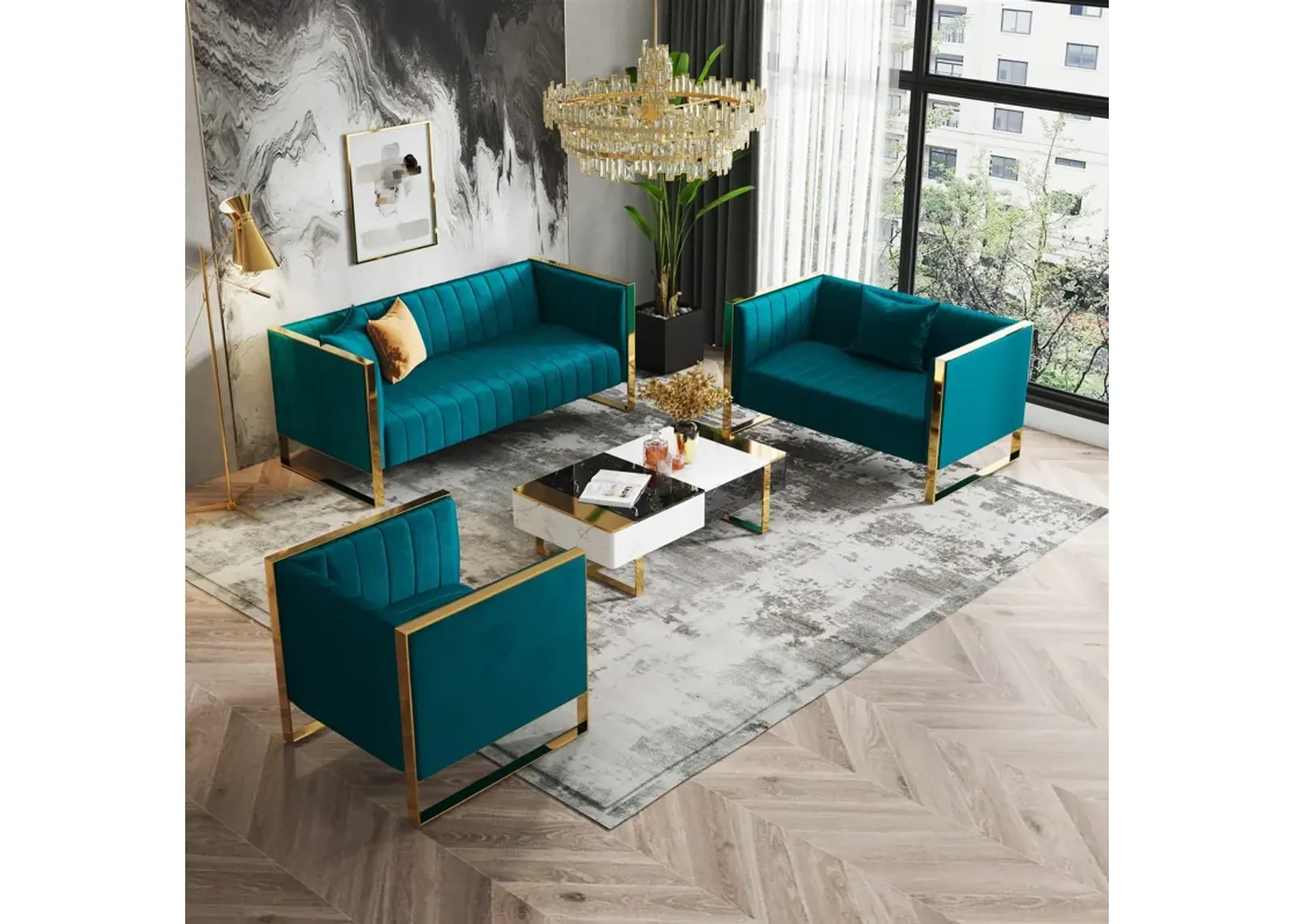 Dobrev Sofa and Set of 2 Chairs - Teal/Rose Gold