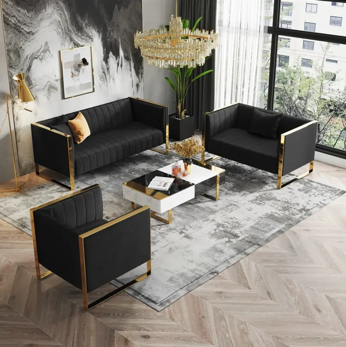 Dobrev Sofa and Set of 2 Chairs - Black/Rose Gold