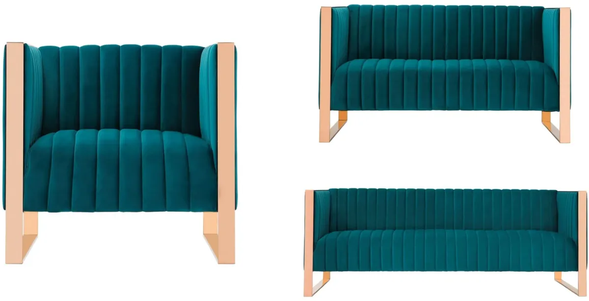 Dobrev Sofa, Loveseat and Chair - Teal/Rose Gold