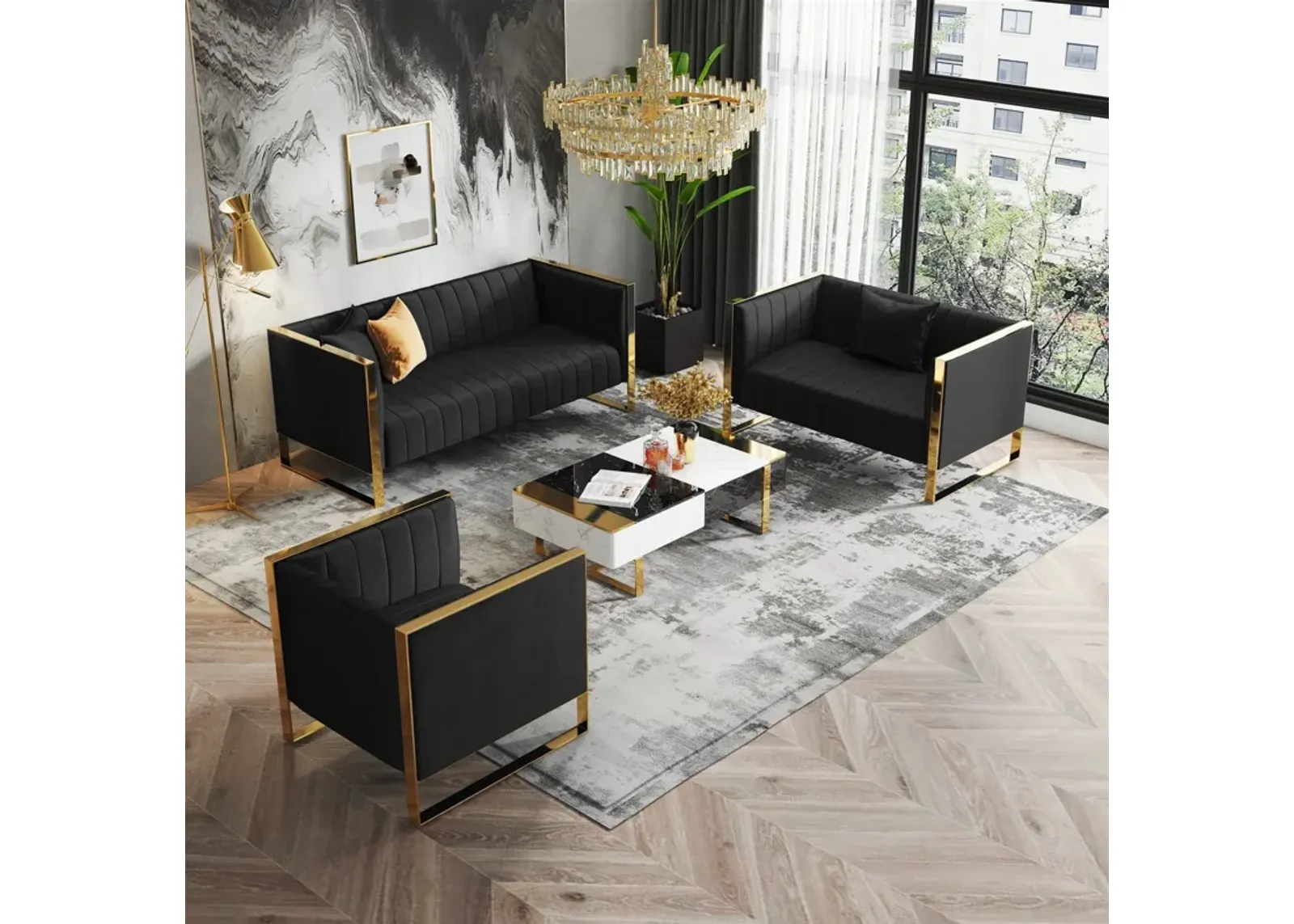 Dobrev Sofa, Loveseat and Chair - Black/Rose Gold